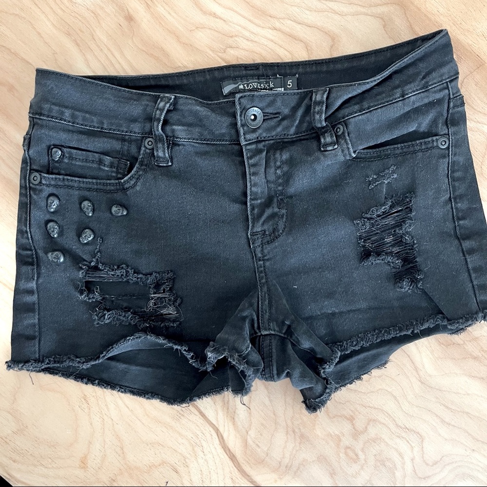 Lovesick Skull-Studded Black Raw-Hem Shorts